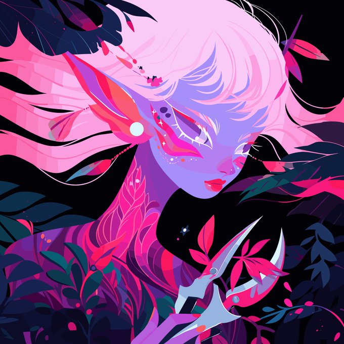 The image features a stylized illustration of a fairy-like figure with flowing pink hair, pointed ears, and vibrant pink and purple skin tones, surrounded by lush foliage while holding silver scissors—the artwork referenced as the "Junglebody edition" in the post celebrating its sale and mentioning the artist @Crip2DaX.