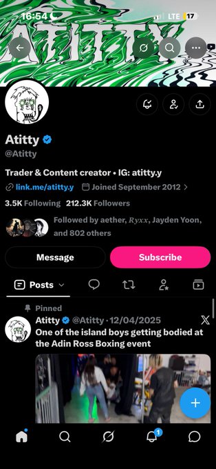 A screenshot of the X (Twitter) profile for verified user 'Atitty' (@Atittyy), a Trader & Content creator with 3.5K following and 212.3K followers, showing a pinned post about 'the island boys getting bodied at the Adin Ross Boxing event'.