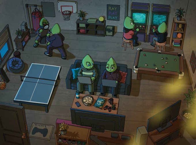 An illustrated scene of green avocado-shaped characters engaging in various activities like gaming on arcade machines, boxing, and playing on a couch in a recreational room.