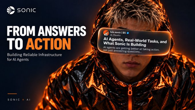A promotional graphic for Sonic featuring a person in a metallic hooded jacket with text 'FROM ANSWERS TO ACTION - Building Reliable Infrastructure for AI Agents' and a tweet from luis.sonic about AI Agents taking real-world tasks.