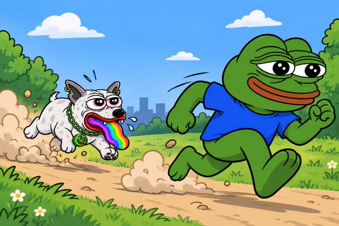A cartoon illustration of a Shiba Inu dog with a rainbow tongue being chased by a Pepe the Frog character wearing a blue shirt, running through a grassy field.