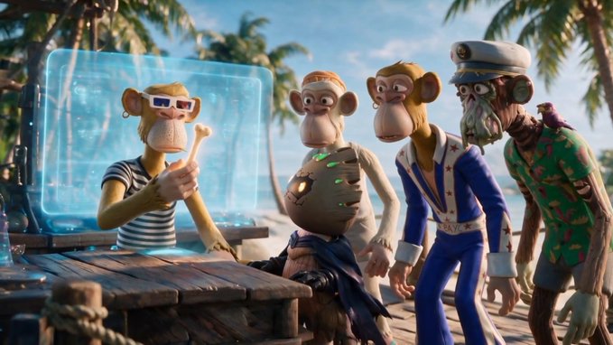 Four anthropomorphic monkey figures stand on a tropical beach boardwalk, including one in a striped shirt and sunglasses with a holographic display, one in a sailor outfit, and a zombie-like monkey in green floral clothing.