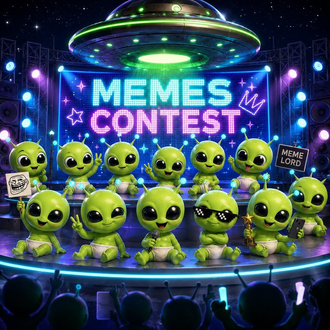 The image features a group of baby alien figurines sitting next to each other, with the words "MEMES CONTAINER" written above them. The baby alien figurines are holding up signs that say "MEME Lord", indicating they have won an award for their memes. There is also a large green alien spaceship in the background, which appears to be part of the competition.