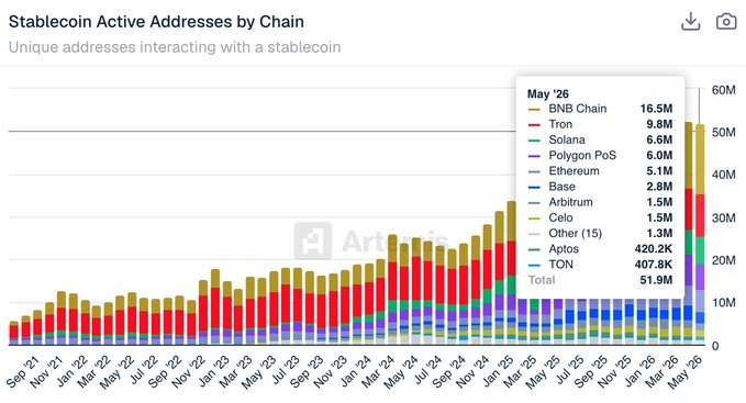 The image shows a graph of the number of stablecoins and shares on Binance Chain over 13 months, with the title "BNB Chain Stablecoin Active Addresses by Chain" displayed at the top. The y-axis indicates the number of coins or shares, while the x-axis represents the months. It is evident that there have been peaks in both the number of stablecoins and shares during certain months, as well as periods when the share decreased from its peak.