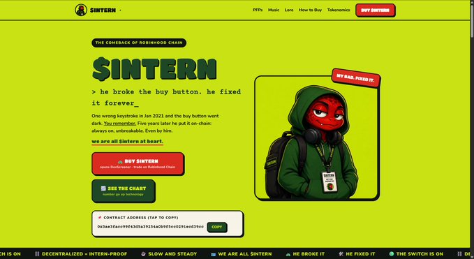 A vibrant yellow landing page for the $INTERN memecoin features a hooded red-faced character with a badge reading "MY BAD, FIXED IT," alongside text claiming "The Comeback of Robinhood Chair" and noting that the intern who broke Robinhood's buy button in 2021 "fixed it forever," with the contract address "0x3ae3facc99f43d5a39254a0b9f5cc0291ecd39cc" displayed for copying.