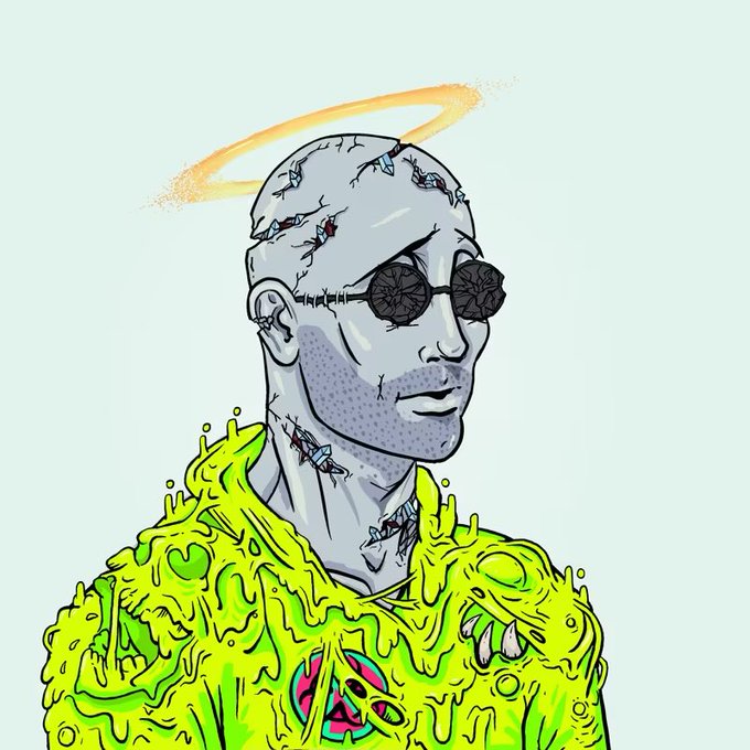 A digital illustration depicts a grey-skinned bald figure wearing round black sunglasses and a glowing halo, with their neck and shoulders dissolving into bright green, viscous slime containing small skeletal figures.