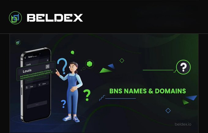 A promotional graphic for 'BELDEX' advertises 'BNS NAMES & DOMAINS' (beldex.io), showing a smartphone displaying a 'New License' wallet interface next to a cartoon figure with question marks.