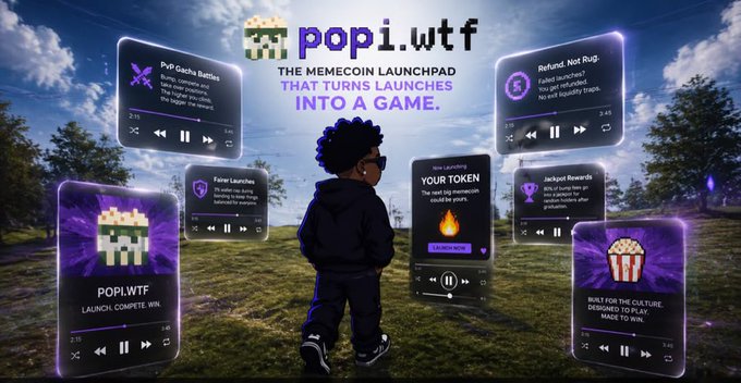 A promotional graphic for 'popi.wtf' featuring the tagline 'THE MEMECOIN LAUNCHPAD THAT TURNS LAUNCHES INTO A GAME,' showing a cartoon character surrounded by floating UI panels displaying features like 'PVP Gacha Battles,' 'Fair Launches,' 'Refund, Not Rug,' 'Jackpot Rewards,' and 'Built for the Culture.'