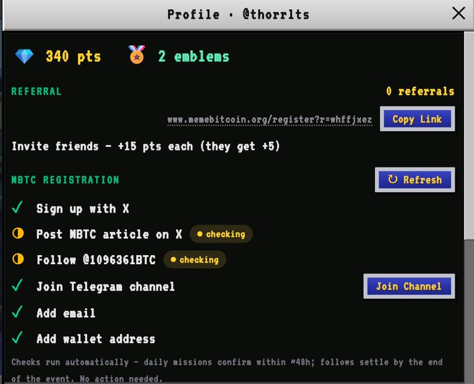 A profile screen for @thorrlts on a cryptocurrency platform showing 340 points and 2 emblems, with completed registration tasks for MBTC registration including signing up with X, joining Telegram, and adding wallet address.