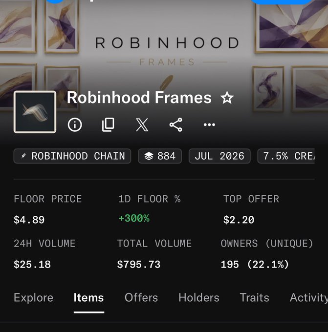 An NFT marketplace page showing 'Robinhood Frames' collection with 884 items, displaying a floor price of $4.89 (+300%), 24H volume of $25.18, and 195 unique owners.