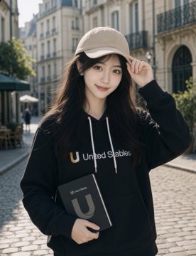 A young woman wearing a beige cap and a black 'United States' hoodie, holding a notebook, standing on a cobblestone street with European-style buildings in the background.
