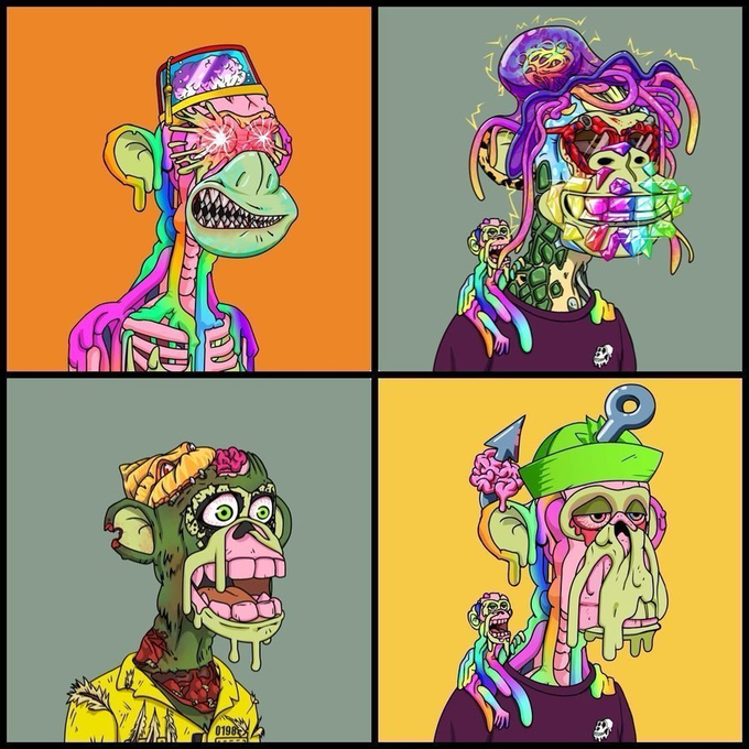 A four-panel digital artwork showing psychedelic, surreal cartoon monkey characters with vibrant, neon colors and distorted features against orange, teal, and yellow backgrounds.