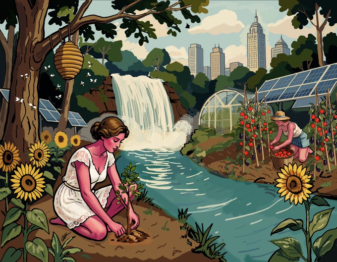 A stylized illustration showing a woman planting a sapling by a stream with sunflowers, while another figure harvests tomatoes in a garden with solar panels and a city skyline in the background.