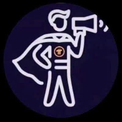 A neon-style logo on a dark circular background depicting a superhero figure holding a megaphone, with the Pi (π) cryptocurrency logo displayed on its chest.