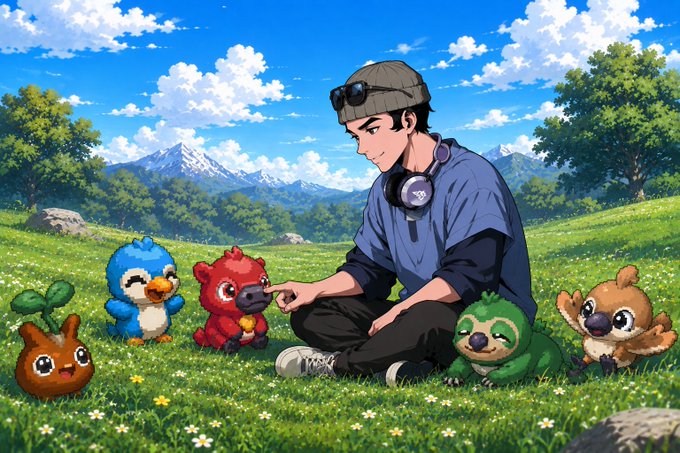 An anime-style illustration of a young man wearing goggles and headphones sitting in a grassy meadow surrounded by colorful baby creature companions, with snow-capped mountains in the background.