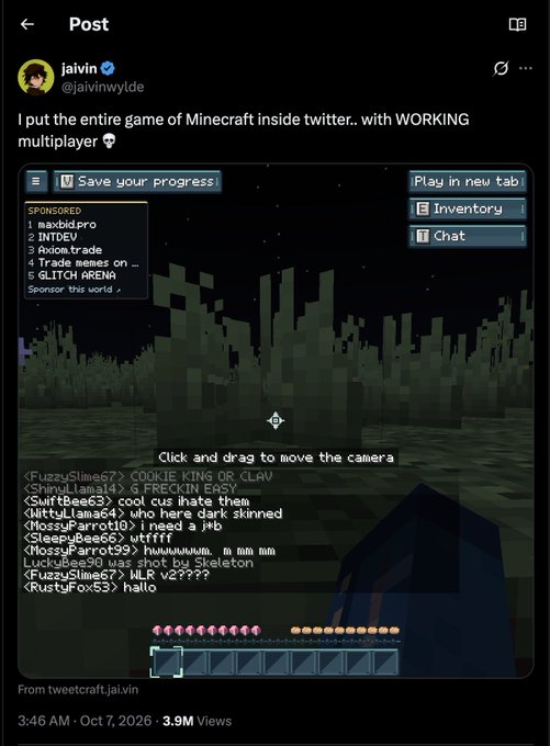 A tweet from jaivin showing Minecraft running inside Twitter with working multiplayer, featuring an in-game view with chat and player list visible.