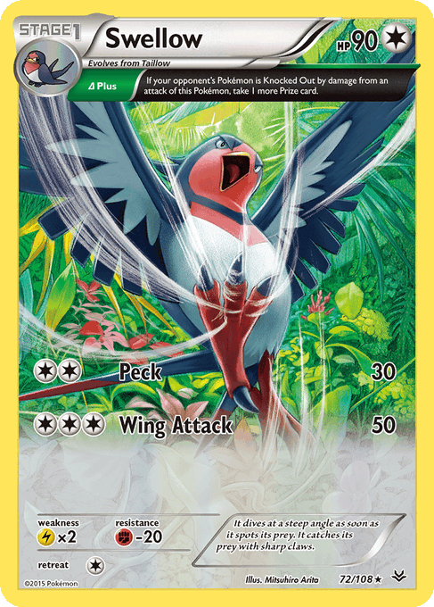 A Pokémon trading card featuring Swellow at Stage 1 with 90 HP, showing the bird Pokémon swooping down with attacks 'Peck' (30 damage) and 'Wing Attack' (50 damage), illustrated by Mitsuhiro Arita, card 72/108.