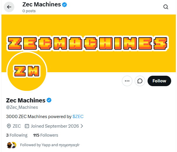 A Twitter/X profile page for "Zec Machines" (@Zec_Machines) is displayed, featuring a yellow banner with retro pixel-style orange "ZECMACHINES" lettering and a matching "ZM" profile avatar. The bio states "3000 ZEC Machines powered by $ZEC," with 115 followers, 3 following, joined September 2026, and is followed by Yapp and mayamasır. The accompanying post references "Early Alpha" at @Zec_Machine, which relates to the profile shown as this appears to be the account being tagged, suggesting the post is announcing or discussing an early alpha version or stage of the Zec Machines project.
