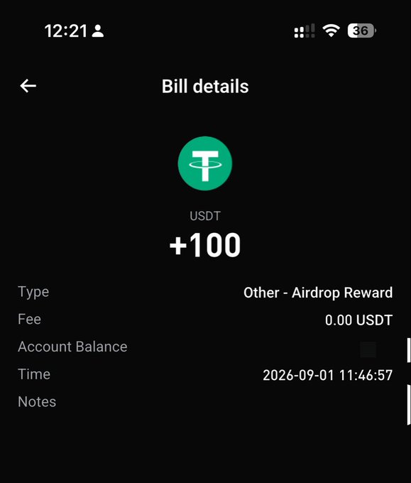 A “Bill details” screen shows a +100 USDT airdrop reward with a 0.00 USDT fee at 2026-09-01 11:46:57. This supports the post’s thanks to @Bitget_TradFi and praises #Bitget liquidity.