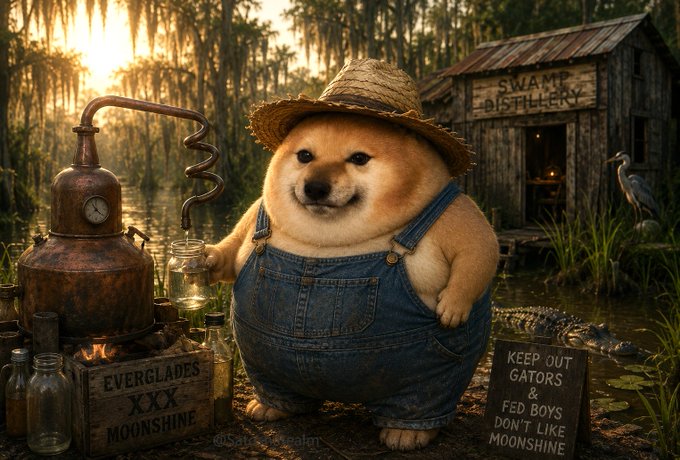 A Pomeranian dog wearing a straw hat and denim overalls stands in a swamp in front of a 'SWAMP DISTILLERY' shack, next to a copper still and crates labeled 'EVERGLADES XXX MOONSHINE' and 'KEEP OUT GATORS & FED BOYS DON'T LIKE MOONSHINE'.