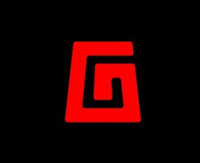 Red and black logo resembling a stylized letter 'G' on a dark background.