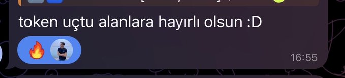 A screenshot of a chat message in Turkish reading 'token uctu alanlara hayirli olsun :D' with a fire emoji and a timestamp of 16:55.