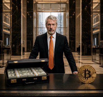 A digitally generated image of a stern-looking man in a suit and orange tie standing behind a briefcase full of cash next to a gold Bitcoin logo in a luxurious building interior.