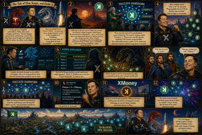 The image features a large comic book-style poster with various panels depicting different scenes, including a man holding a sword and a dragon. The poster also includes text that reads "Elon Musk" and "XMoney", as well as other phrases related to the content of the poster. The poster is designed in such a way that it appears to be part of a larger collection or series, possibly related to the game "The tale of Elongate King".
