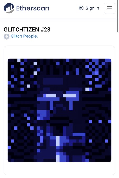 An Etherscan page displaying 'GLITCHTIZEN #23' from the Glitch People collection, showing a pixelated blue character portrait.