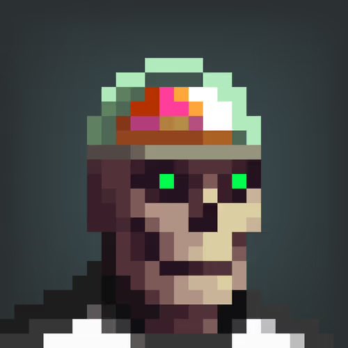 A pixel art portrait of a character with a stoic expression, dark skin, and a blocky, green and pink patterned hat or headpiece.