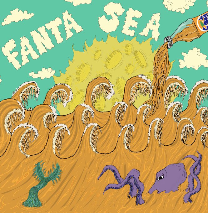 The image features a cartoon illustration of a bottle pouring orange liquid into a wave, with an octopus and a bird nearby. The scene takes place against a blue sky with clouds, creating a whimsical atmosphere. The text "Fanta Sea" is written above the illustration in white letters.
