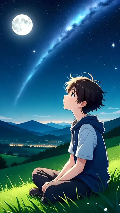 Anime-style illustration of a young boy with dark hair sitting in grass, gazing up at a starry night sky featuring a large moon and a glowing nebula.