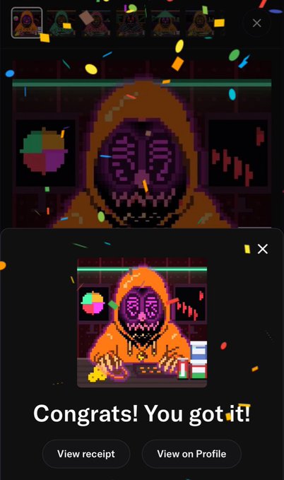 The image shows a pixel art character called "Orange Bro" with an orange-hooded figure and exposed brain, displayed on a completion screen reading "Congrats! You got it!" with options to "View receipt" or "View on Profile," relating to the post about acquiring pixel art from the @osf_rekt community featuring the signature orange color of Orange Bro.