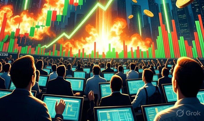 A crowd of traders watches a dramatic green ascending chart line surging upward amid fiery explosions and falling coins, symbolizing explosive market growth. The imagery visually amplifies the post's poll about the potential impact of regular $LUNC exchange burns on Terra Luna Classic's future performance.