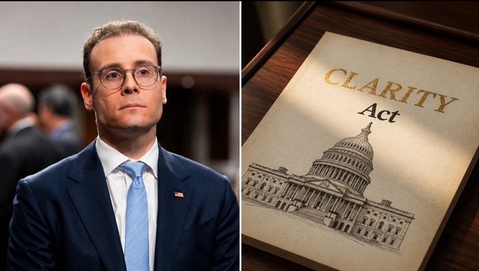 A man in a navy suit and glasses, appearing to be CFTC Chair Mike Selig, is shown alongside an illustrated document titled "CLARITY Act" depicting the U.S. Capitol building, visually representing the newly unveiled backup plan for US crypto market structure rules.