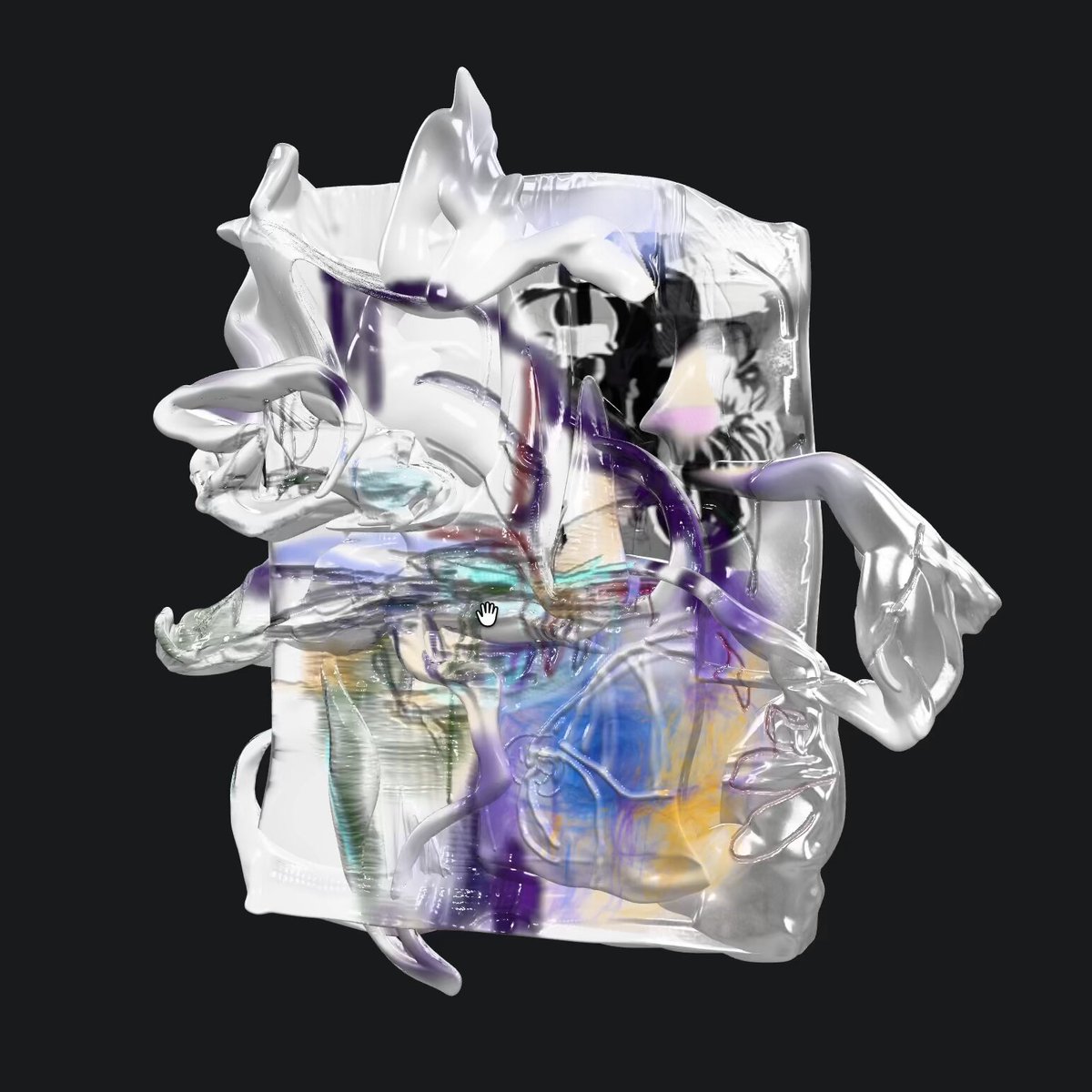 The image features a square-shaped art piece with a black background, which has been artistically transformed into an abstract representation of a face using various colors including purple, blue, white, and green. The artwork appears to be made from plastic or glass materials, giving it a unique texture and appearance. The post is titled "@sabatobox" and contains the text "@sabatobox 80 tez / 7 editions left link you know the drill already right below".