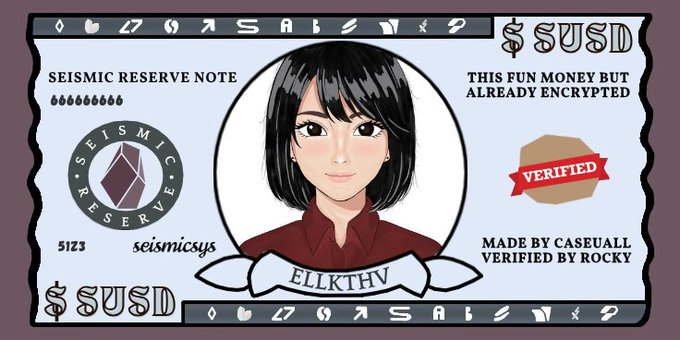 The image is a stylized "Seismic Reserve Note" resembling a $USD bill, featuring an anime-style portrait labeled "ELLKTHV," a Seismic Reserve seal, a "VERIFIED" stamp, and text crediting Caseuall and Rocky, with the handle "seismicsys" and number 5123 visible—tied to the post as a fan-made artwork celebrating the SEISMIC community.
