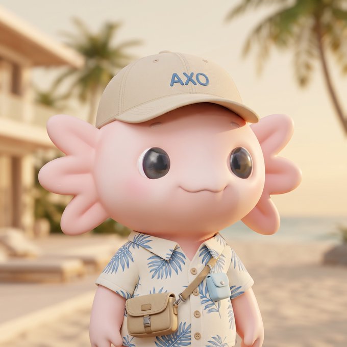 A 3D rendered character of a pink axolotl wearing a tan 'AXO' cap, a tropical print shirt, and a crossbody bag, set against a beach resort background.