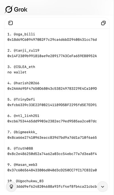 A screenshot from Grok AI displaying a list of 10 cryptocurrency wallet addresses with usernames including @oga_billi, @tanji_rul19, @ISLEA_eth, @harish20266, @TrinyDefi, @nti_linh251, @bigmeekk_, @Truth088, @Hasan_web3, and @Ugochukwu_03.