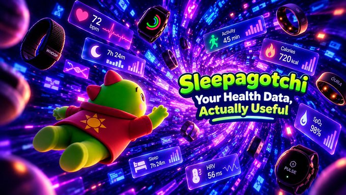 A promotional graphic for 'Sleepagotchi - Your Health Data, Actually Useful' showing a green dinosaur mascot and various health metrics including heart rate, sleep, and calories.