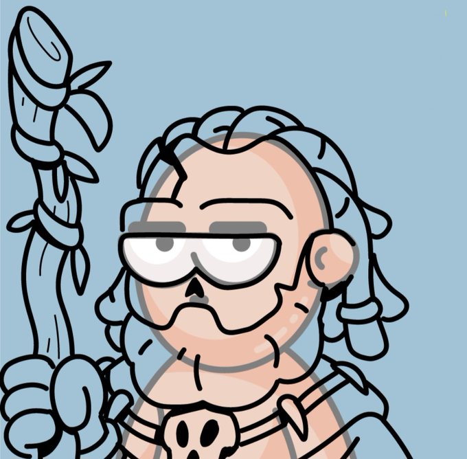 A cartoon illustration of a bearded figure wearing white sunglasses and holding a staff, featuring a skull pendant necklace.