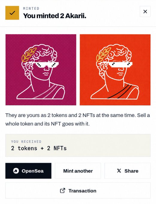 Confirmation screen stating 'You minted 2 Akarii' displaying two pixelated classical bust portraits (one magenta, one orange) along with options to view on OpenSea, mint another, share, or view the transaction.