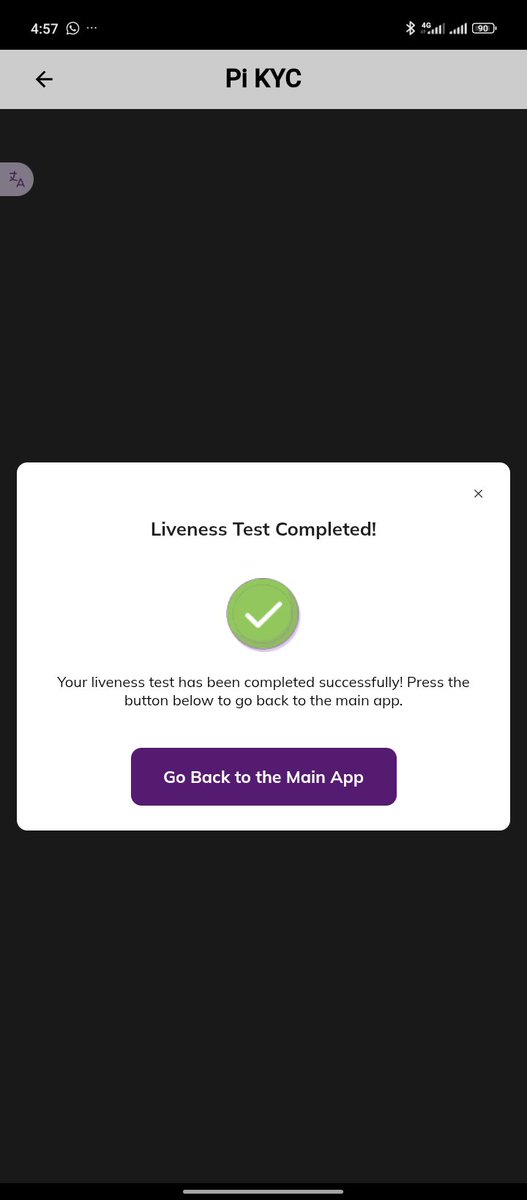 Another mobile screenshot of 'Pi KYC' app showing the same 'Liveness Test Completed!' success confirmation screen with green checkmark and return button.