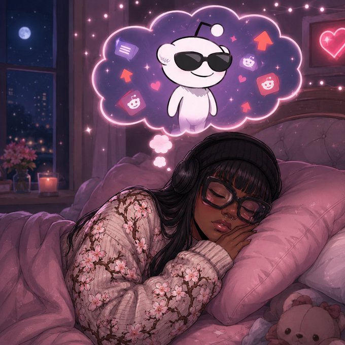 An illustrated scene shows a young woman with glasses and headphones sleeping in bed while dreaming of the Reddit alien mascot wearing sunglasses, surrounded by floating upvotes, hearts, and app icons.
