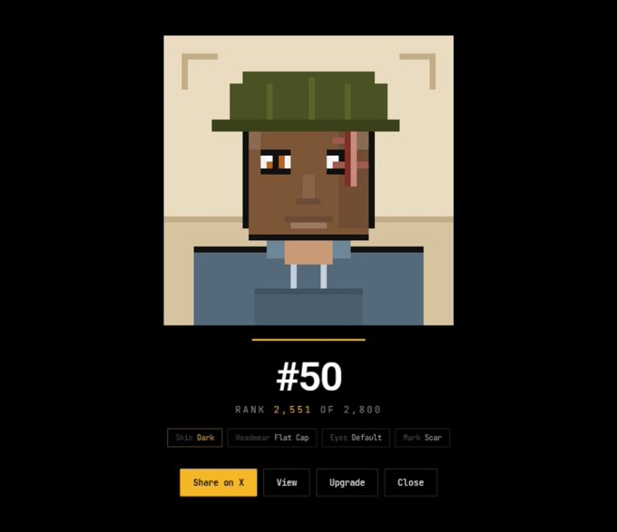 A pixel art character profile labeled #50 with a Rank of 2,551 of 2,800, featuring customization options like Dark skin, Flat Cap headwear, Default eyes, and Scar mark.