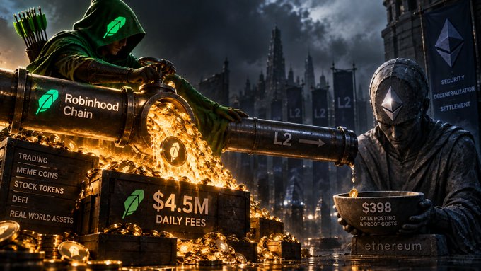 A fantasy illustration depicts a green-hooded Robinhood figure pouring golden coins from an L2 cannon onto an Ethereum statue, with text reading 'Robinhood Chain', '$4.5M DAILY FEES', and '$398 DATA POSTING & PROOF COSTS'.
