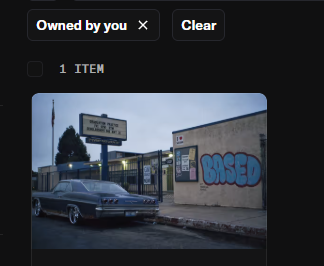 A dark interface screenshot showing a filter tag "Owned by you" and "1 ITEM" above an image of a car parked in front of a building with blue graffiti that reads "BASED".