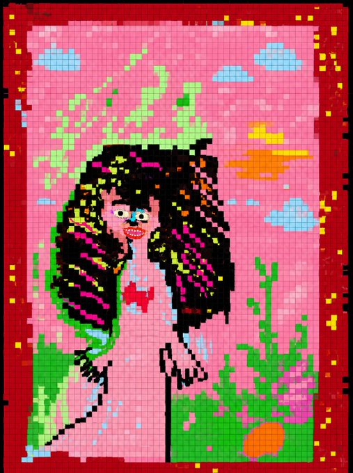 The image is a colorful pixel art portrait of a woman with long dark hair, set against a pink background with whimsical elements like clouds, foliage, and abstract shapes, framed by a red border. As a generative art NFT titled "She is Me" by artist @Nedajarchii, the piece visually represents the artist's self-perception or inner identity through vibrant, mosaic-like digital artistry.