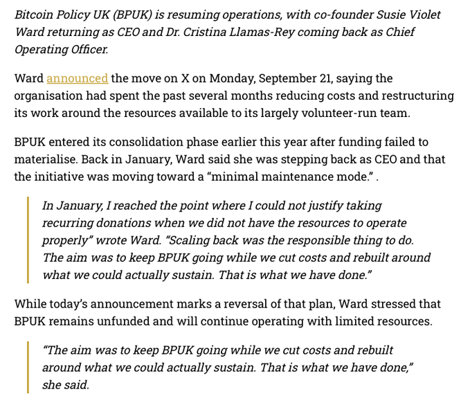 A news excerpt reports that Bitcoin Policy UK (BPUK) is resuming operations with co-founders Susie Violet Ward returning as CEO and Dr. Cristina Llamas-Rey rejoining as Chief Operating Officer, after scaling back earlier this year due to lack of funding.

The image connects to the post by highlighting BPUK's efforts to advocate for easier Bitcoin access in the UK, contrasting with the regulatory friction the post describes.
