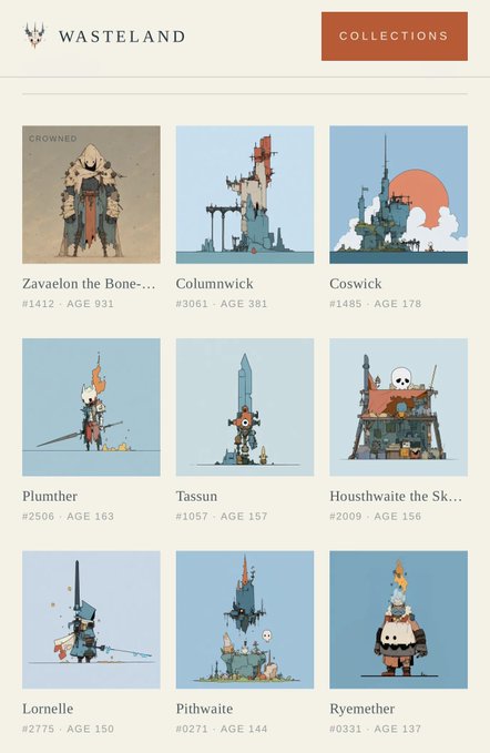 A webpage for "WASTELAND" featuring a "COLLECTIONS" section that displays pixel-art character profiles including Zavelon the Bone..., Columwick, Coswick, Plumber, Tassun, Housthwaite the Sk..., Lornelle, Pithwaite, and Ryemether, each labeled with a number and age.